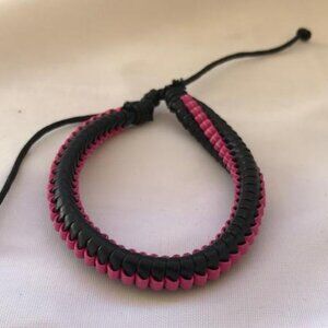 Black & Pink Warp Braided Leather Handmade Bracelet Adjustable Wristband